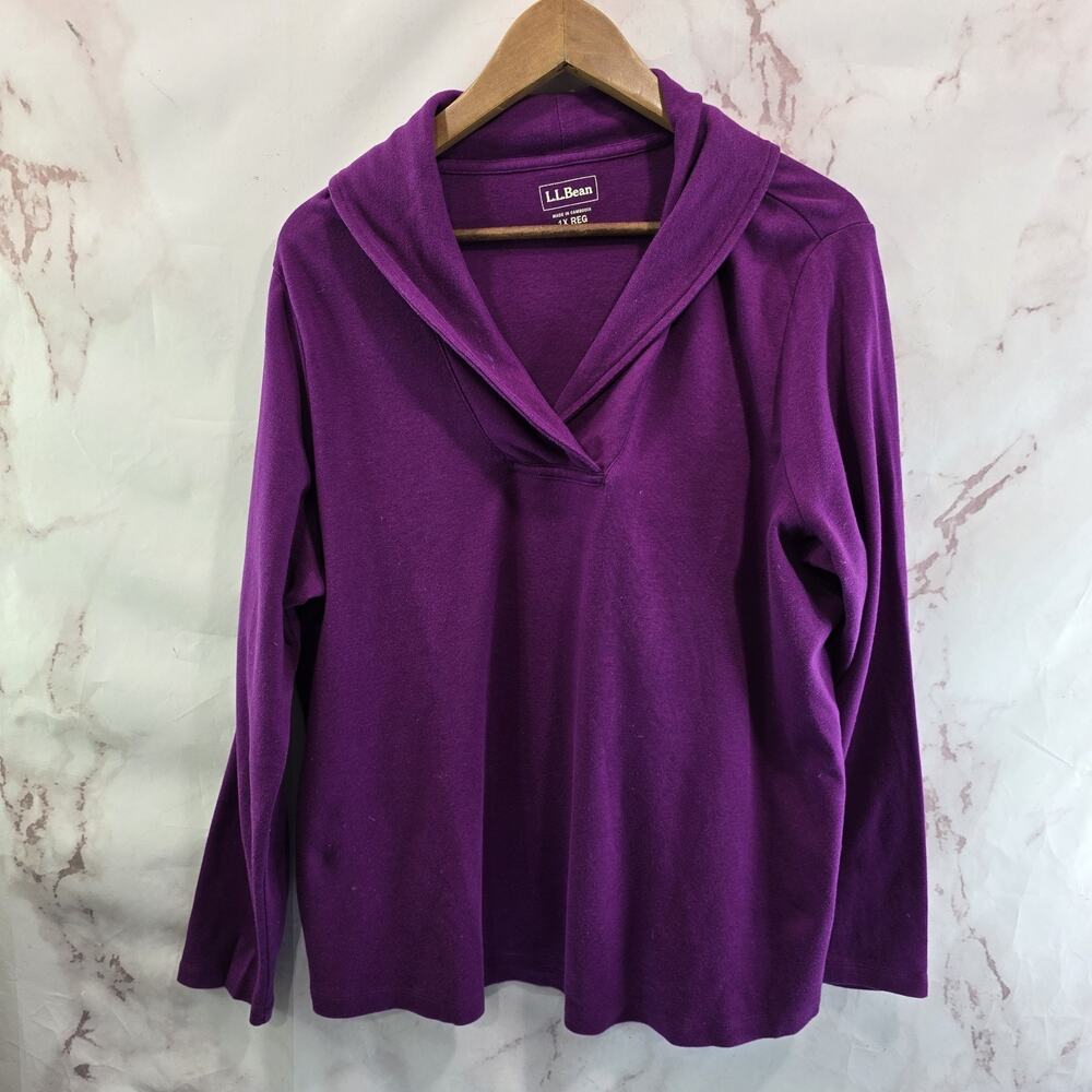 LL Bean Shirt Womens 1X Purple Shawl Cowl Foldover Long Sleeve Reg Tee